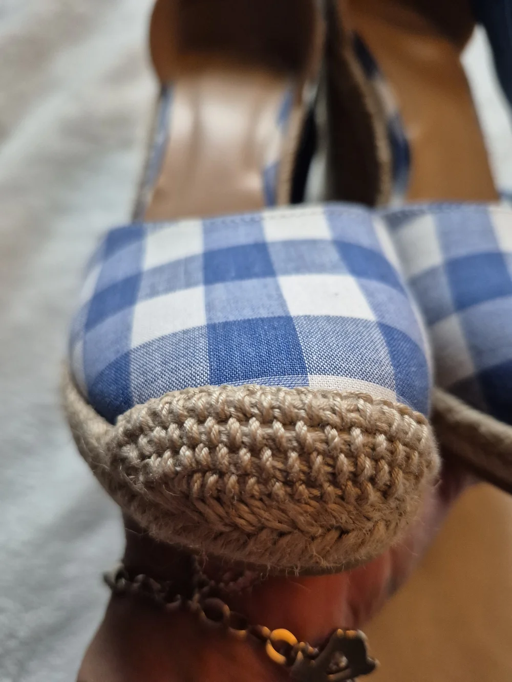 JustFab Blue and White Gingham Espadrille Wedge Sandals with Ankle Wraps